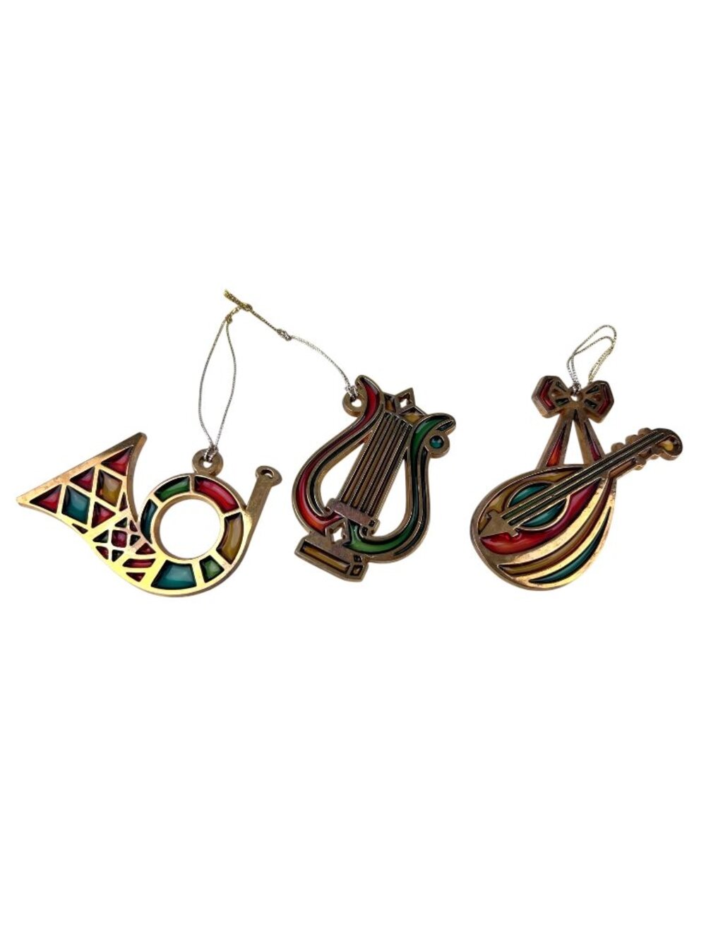 AVON Stained Glass Musical Instrument Christmas Tree Ornaments Set of 3 Holiday